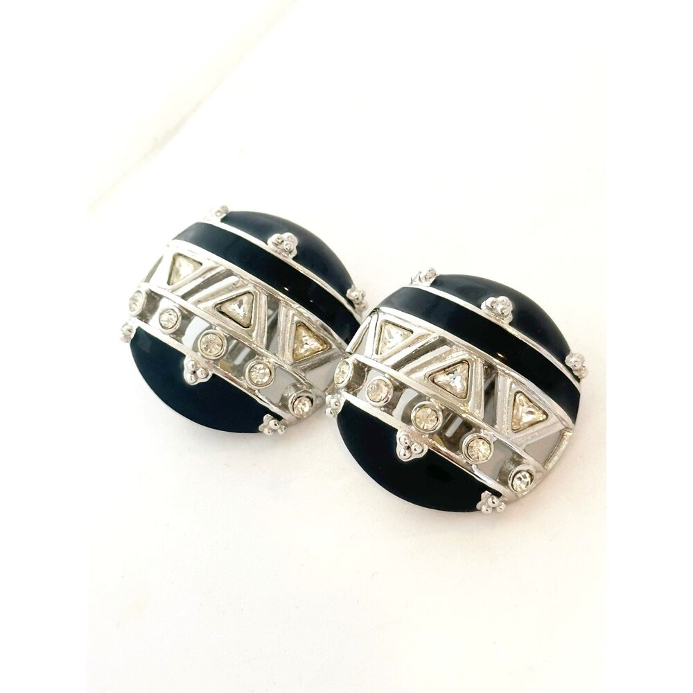 Vintage Ivana Trump Black Enamel Rhinestone Clip On Earrings Silver Tone Runway